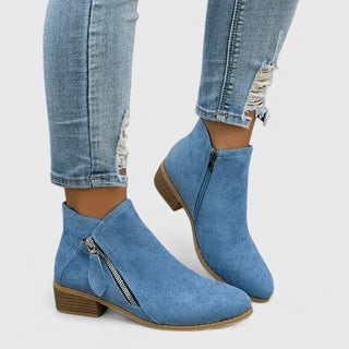 Bottines femme bleu à zip latéral et talon bas, dessus en suède