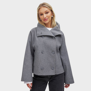 Manteau gris à col châle, double rangée de boutons, style court, manches longues