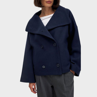 Manteau court bleu à col châle, double boutonnage, manches longues, coupe ample