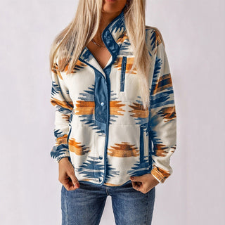 Veste chemise écrue à motifs abstraits, col boutonné bleu marine, manches longues