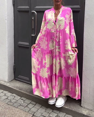 Robe Maxi avec Imprimé, Manches Volantes & Col Montant – Élégante & Aérée