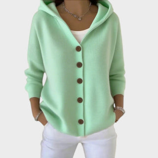 Cardigan en maille de coton à capuche, patte boutonnée, vert menthe.