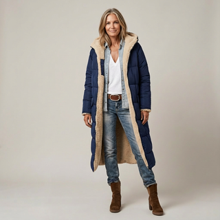 Manteau matelassé réversible bleu marine, capuche doublée effet fourrure beige