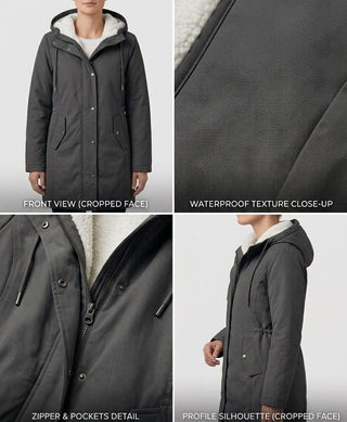 Parka noire imperméable doublée polaire, capuche, poches zippées et gros plan de texture.
