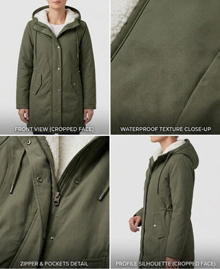 Parka Leah™ imperméable doublée polaire vert forêt, détails capuche, zip et poches