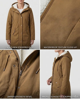 Parka Leah™ imperméable doublée polaire marron, détail texture imperméable et zip