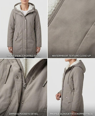 Parka Leah™ imperméable doublée polaire beige/gris, détails zip, poches et capuche