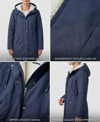 Parka marine imperméable doublée polaire, capuche, poches zippées et détail de texture.