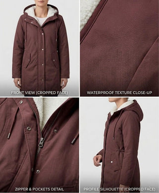 Parka rouge imperméable doublée polaire, capuche à cordon, zip central et poches.