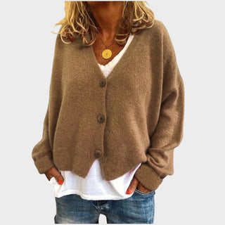 Gilet en maille marron clair à encolure V, boutons et manches longues
