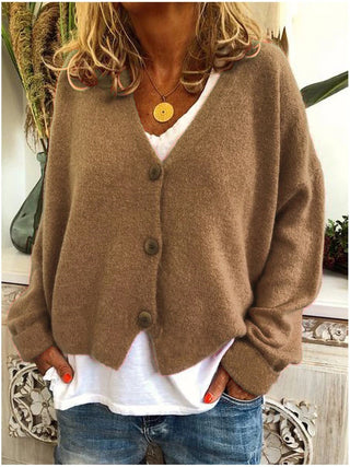 Cardigan femme marron à col en V, boutonné au devant, manches longues amples.