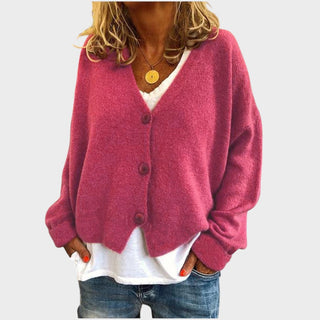 Pull en maille bordeaux à col V, boutons, manches longues