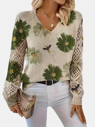 Pull en tricot à col V, fleurs vertes sur fond clair, manches ajourées