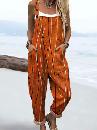 Combinaison à bretelles orange à motifs abstraits, jambes larges et poches