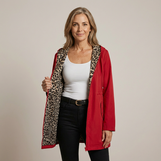 Manteau réversible à capuche rouge, doublure léopard beige et noire