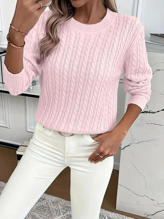 Pull à torsades Marielle rose, col rond, manches longues, vue avant