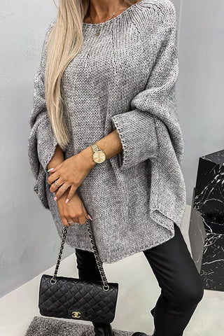 Poncho-blouse en tricot côtelé gris, encolure ronde, manches longues amples