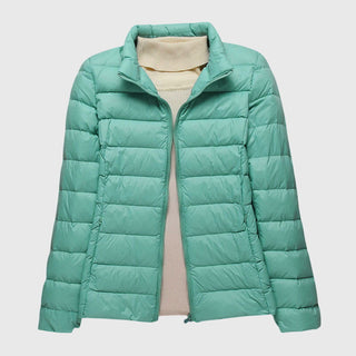 Veste matelassée ultra-légère, vert menthe, col montant et fermeture zippée.