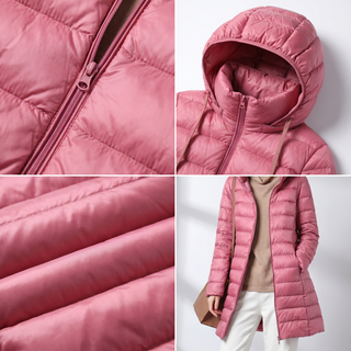 Veste en duvet ultralight Feathra™ rose, capuche et fermeture éclair visible