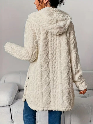 Cardigan femme écru à capuche en fausse fourrure texturée, vue dos