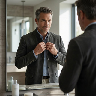 Veste moderne sur-mesure gris foncé, boutonnage devant, poignets contrastés et poches plaquées.