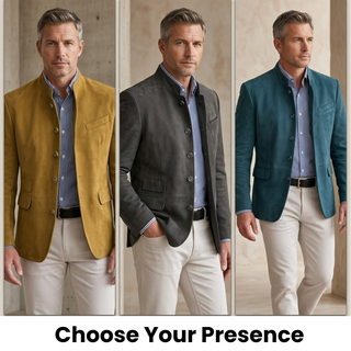Veste moderne sur-mesure en trois couleurs : moutarde, gris foncé et bleu canard.