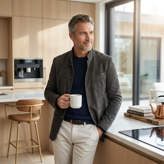 Veste moderne sur-mesure gris foncé, col droit, poche poitrine et poches latérales.