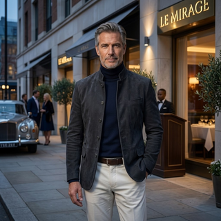 Veste moderne sur-mesure gris foncé, boutonnage devant, poche poitrine et poches latérales.