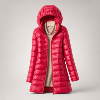 Doudoune ultralégère rose vif à capuche, longue, matelassée, fermeture zippée.