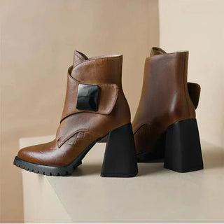 Bottines à talon bloc marron pour femme, talon carré noir et sangle carrée
