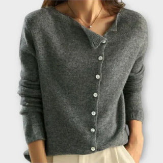 Cardigan gris boutonné à encolure V, manches longues, col avec patte