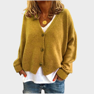 Pull en maille jaune moutarde à col V, boutons, manches longues