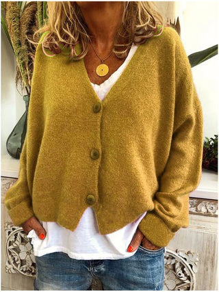 Cardigan femme kaki à décolleté V et boutons, manches longues, coupe ample