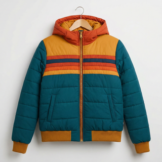 Veste imperméable matelassée à capuche, fermeture zippée, rayures multicolores, poignets côtelés.