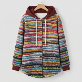 Manteau à capuche rayé multicolore, fermeture boutonnée, col à capuche