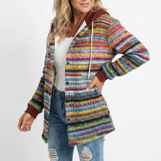 Manteau à capuche rayé multicolore, fermeture boutonnée, manches longues