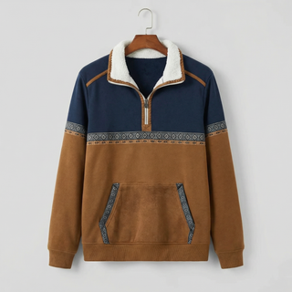 Pull à zip bleu marine et brun avec poche kangourou, col doublé imitation peau de mouton
