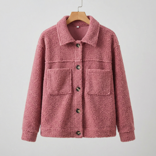 Manteau d’hiver rose en tissu bouclé, col chemise, boutons, poches plaquées.