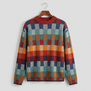 Pull en mérinos à carreaux multicolores, col rond côtelé rouge, manches longues.