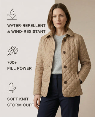 Veste matelassée boutonnée Olive™ beige, col simple, boutons sur la patte.
