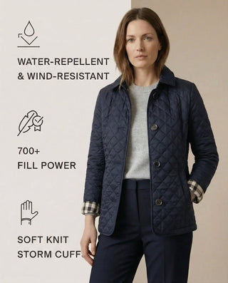 Veste matelassée boutonnée bleu marine, col droit, face avant avec patte de boutonnage