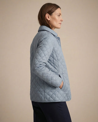 Veste matelassée boutonnée bleu clair, vue trois-quarts dos, poignets côtelés