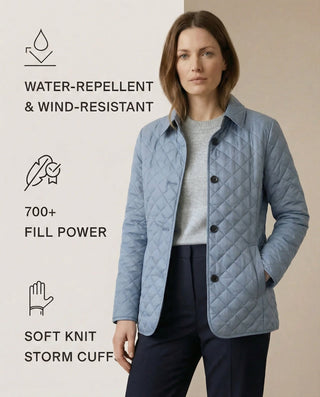 Veste matelassée boutonnée bleu clair, col droit, patte de boutonnage sur le devant