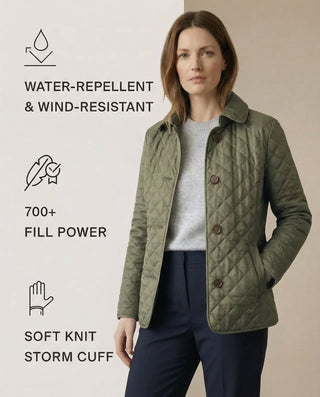 Veste matelassée boutonnée vert olive, col droit, face avant ouverte, boutons visibles