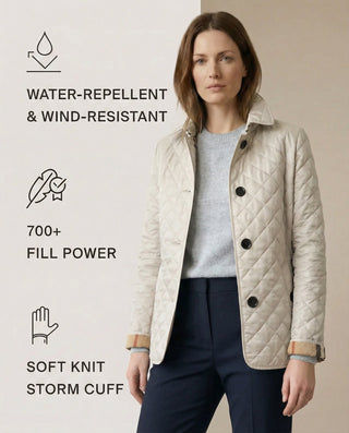 Veste boutonnée matelassée beige à col montant, boutons sur patte, surpiqûres losanges