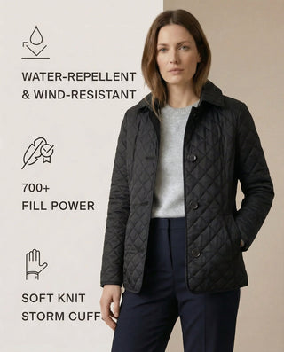Veste boutonnée matelassée noire à col montant, boutons sur patte, surpiqûres losanges