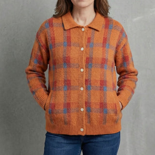 Pull à carreaux rétro orange et bleu, boutonné à col chemise, manches longues