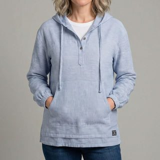 Sweat à capuche en lin bleu à rayures fines, poche kangourou, fermeture boutonnée.