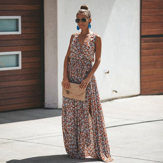 Robe maxi sans manches avec motif floral & fente – Estivale & Élégante