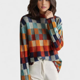Pull col montant en laine à carreaux multicolores bleu vert orange beige